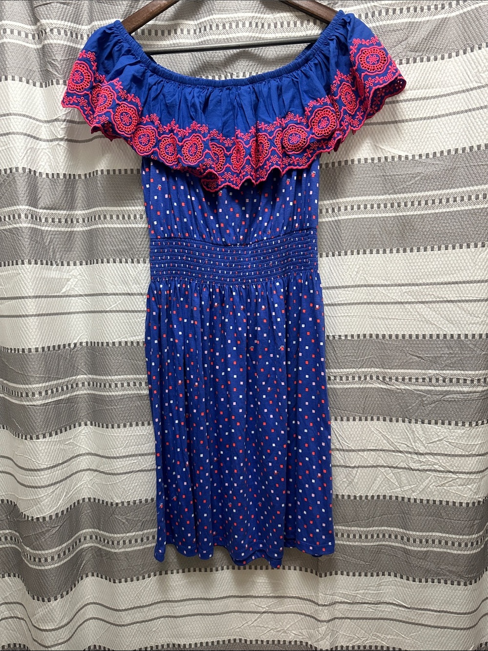 Lilly Pulitzer Royal Blue Off-Shoulder Midi Dress with Pink Embroidery